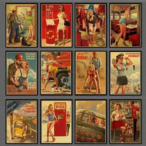 World War II Russia Sexy Pin up Girl Vintege Poster Home Room Wall sticker Kraft Paper Posters and Prints Art Wall Decor