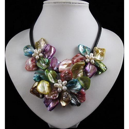 Handmade Shell Flower Leather Necklace,Multicolor Genuine Freshwater Pearl Shell Flower Real Leather ,Perfect Jewellery For Wome