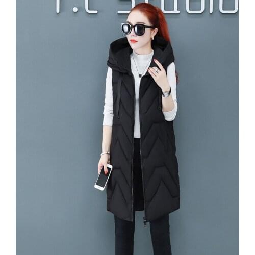 Lingwave Autumn Winter Female Down Cotton Vest Mid-Length Thick Coat Vest Fashion Hooded Slim Women Sleeveless Outwear