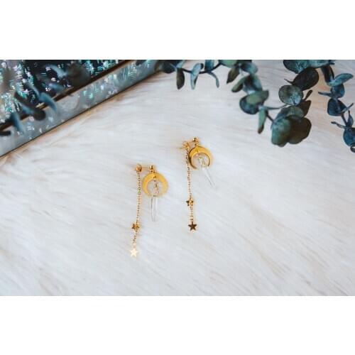 Moon, Stars, Clear Crystal Quartz Dainty Earrings,Celestial Drops Earrings,Occult Boho Crystal Accessories Jewelry Earring