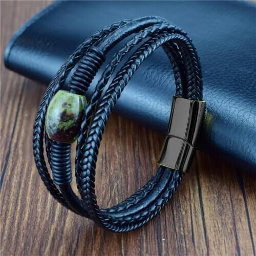 Punk Men Jewelry Beaded Braclets Chakra Green Braided Leather Bracelet Stainless Steel Magnetic Clasp Fashion Bangles