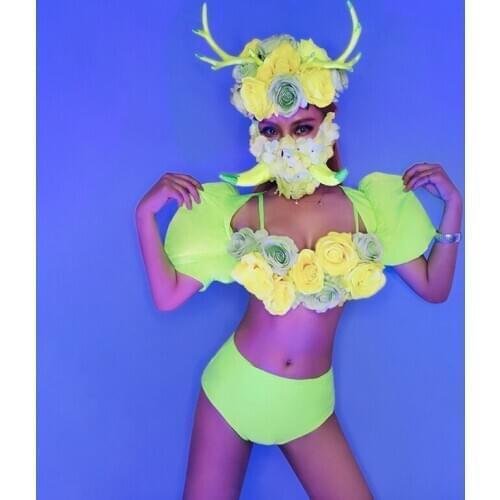 Rave Party Outfit For Women Carnival Puff Sleeve Rose Bikini Bar Drag Queen Costumes DJ GOGO Dance Singer Stage Costumes BL4462