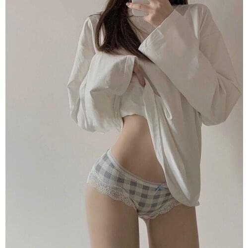 2021 New Plaid Pattern Girls Underwear Lace Trim Cotton Womens Panties Breathable Sexy Female Briefs Seamless Low-Rise Lingerie