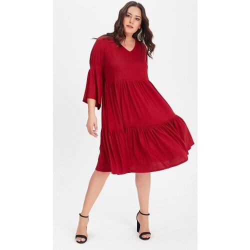 New Season Fashion Plus Size V Neck Spanish Sleeve Dress Natural Viscose Soft Elastic Fabric