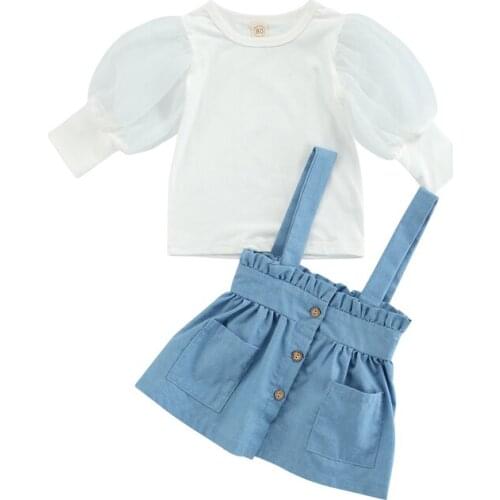 1-5Y Fashion Toddler Kids Girl Clothes Sets 2pcs Puff Long Sleeve Solid Tops Suspender Skirt Outfits Princess Girls Set