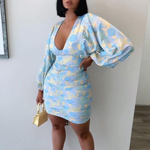 Hirigin Summer Fashion High Wasit Printed Sexy V Neck Women Dress Autumn Elegant Slim Lantern Long Sleeves Bodycon Lady Dresses