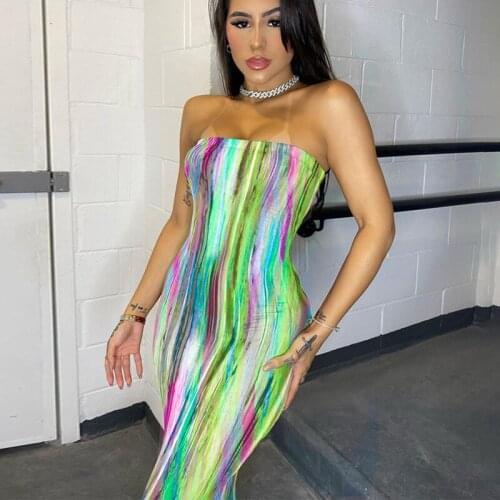 Colorful Tie-Dye Printed Off-the-shoulder Wrapped Dress Strapless Sleeveless Backless Long Maxi Dresses Sexy Holiday Bodycon