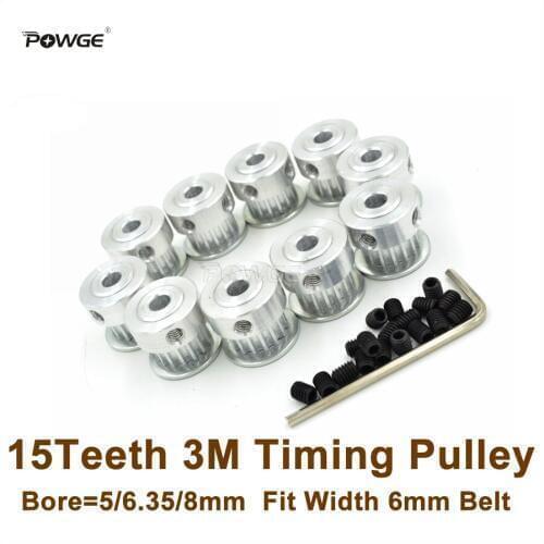 POWGE 10pcs 15Teeth 3M Timing Pulley Bore 5/6.35/8mm Fit Width 6mm HTD 3M Belt 15T 15 Teeth HTD3M Pulley CNC Engraving Machine