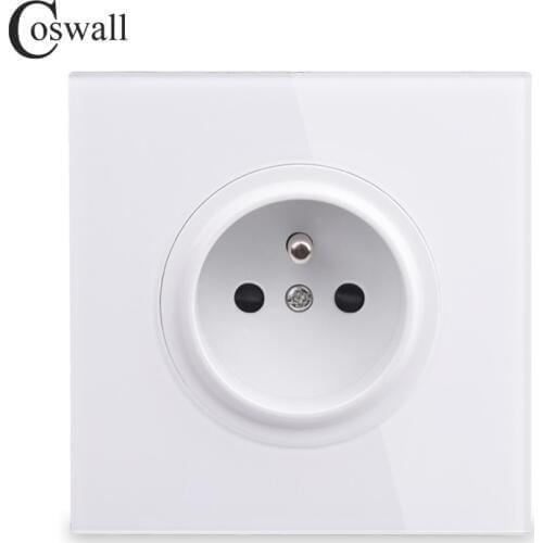 Coswall Full Glass Panel 16A French Polish Wall Power Socket Grounded With Child Protective Lock R11 Series White Black Gray