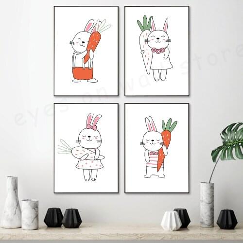 Cute Rabbit Cartoon Animal Wall Posters Line Draw Style Poster Nursery Canvas Painting Nordic Wall Pictures Kids Room Decoration