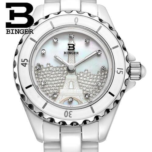 Switzerland Binger ceramic wristwatches Women fashion quartz watch Round rhinestone watches 100M Water Resistance BG-8008L