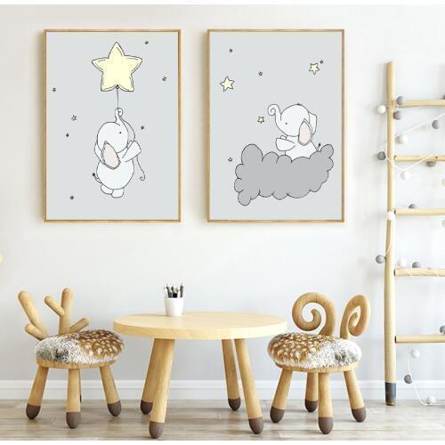 Elephant Moon and Star Wall Art Canvas Painting Nordic Posters and Prints Cartoon Animal Wall Pictures Girl Boy Baby Room Decor