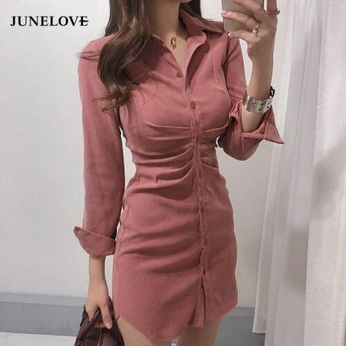 JuneLove 2020 srping women long sleeve dress vintage office lady turn down collar botton shirts dress casual female vestidos