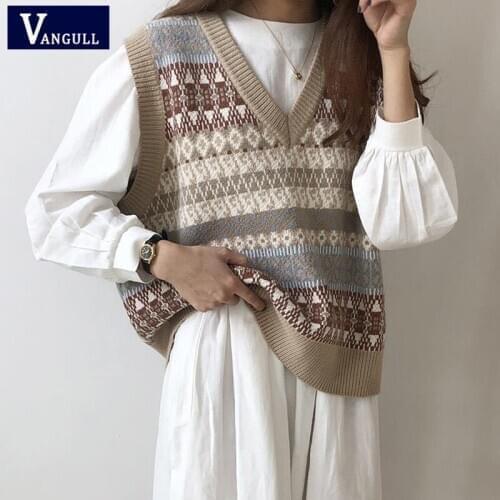 Vangull INS v neck knitted sweater vest Autumn winter Korean style sleeveless vest sweater Short loose Female pullovers vest