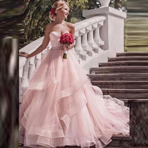 Vintage Gorgeous A Line Blush Pink Lace Bridal Wedding Dresses Back Out Sweetheart Bow Belt Wedding Gowns for Bride Tiered Skirt