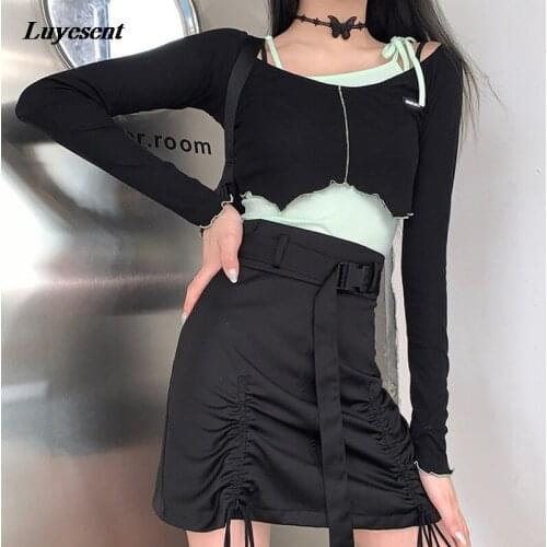 Women Punk Cool Cargo Skirt 2021 Summer Lady Drawstring Pleated Plastic Buckle Strap Mini Skirts Gohitc Black A-line Streetwear