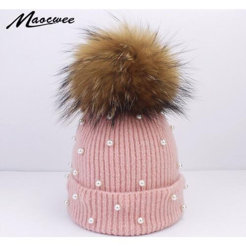 Women Raccoon Fur Pompom Hat Cap With Pearl Autumn Winter Warm Crochet Wool Beanies Hat Female Adult Unisex Soft Solid Black Hat