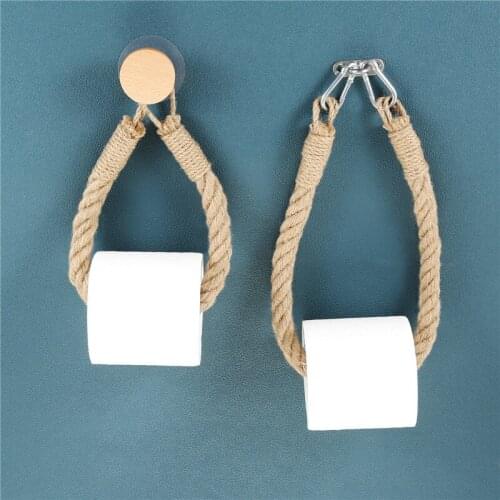 1set Toilet Paper Holder Wooden Jute Braided Rope Hanging Towel Rack Wall Mount Bohemian style Bathroom Kitchen Decor Creative