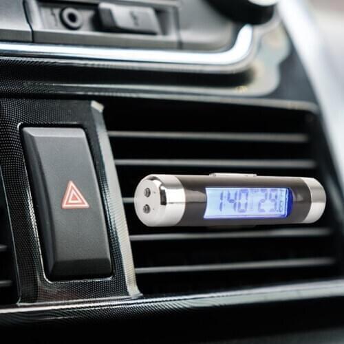 1pcs Portable 2 in 1 Car Digital Clock & Temperature Display Electronic Clock Thermometer Car Automotive Blue With Clip