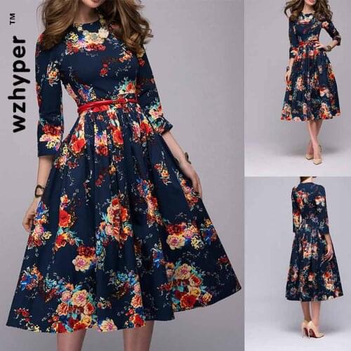 2020 Europe and America Russia Autumn Winter Women Dress New Hot Selling Long Sleeve Puffy Floral Printed Dress Young Clothing