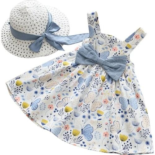 2021 New 2pcs Set Party Cotton Flower Children Bow Hat Sleeveless Sweet 1-3Y Fashion Baby Girl Dresses Princess clothing Cute