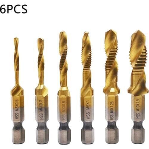 6Pcs Titanium Machine Right Hand Tap Drill 3 Flute M3 M4 M5 M6 M8 M10 Spiral Point Thread Plug Handle Taps Die Set