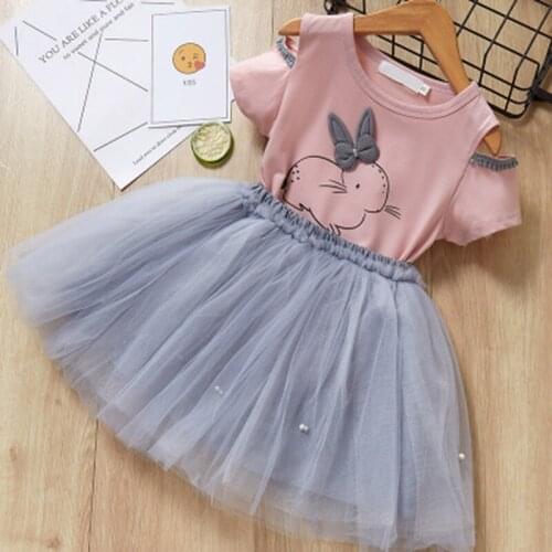 BFORTUNE Fashion Girls Dress Sets New Summer Design Kids Childrens Cartoon Rabbit Printed T-Shirts+Skirt 2Pcs Girls Clothes Sets