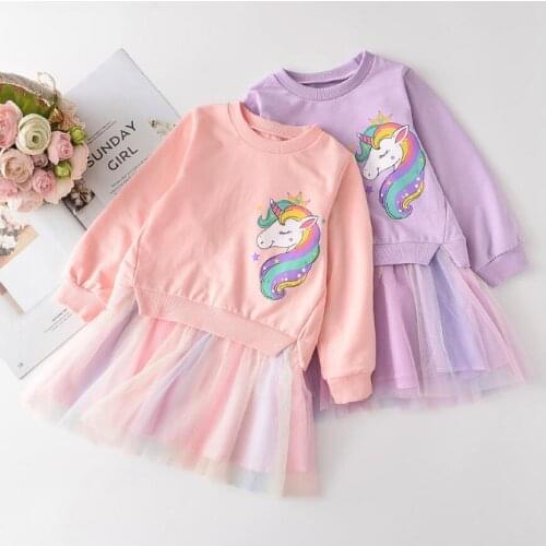 Girls Children Spring Autumn Unicorn Dress Kids Cartoon hoodie mesh Mosaic dress Girls Fancy Unicorn Costume