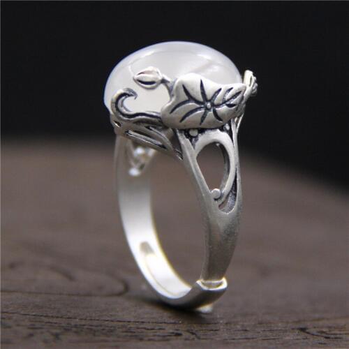 C&R Pure 990 Sterling Silver Rings for Women Vintage jade Lotus Leaf Natural White Chalcedony Ethnic Thai Silver Fine Jewelry