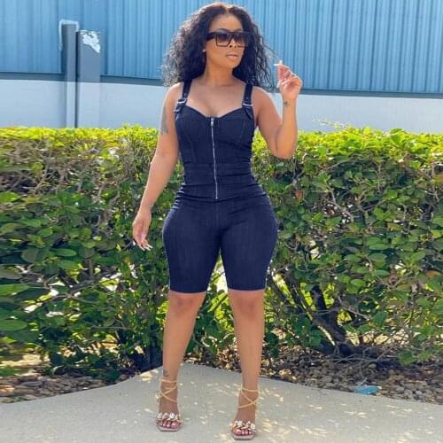 Spaghetti Strap Rompers Womens Jumpsuit Casual Sleeveless Zipper Front Skinny Denim Overall Simple Style Backless Playsuit New