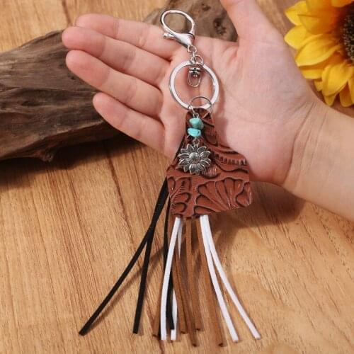Genuine Leather Korean Velvet Tassel Leopard Sunflower Turquoise Cow Tag Charms Pendant Keychain Car Bag Pendant Key RingJewelry