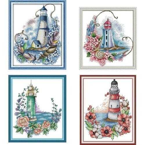 Flowers Lighthouse Landscape Count Cross Stitch Kit Embroidery Kit DIY Needlework Embroidery Pattern 14ct 11ct DMC Cotton Thread
