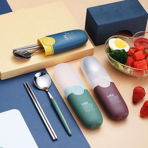 2Pcs/set Stainless steel Flatware Spoon Chopsticks Set Portable Silverware Travel Utensils Set with Plastic Travel Box Dropship