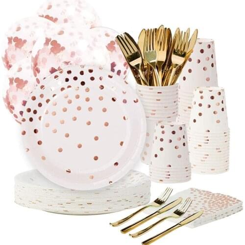 Rose Gold Party Supplies Set Paper Plates Disposable Dinnerware Dots Tableware Decoration for Graduation Birthday Wedding