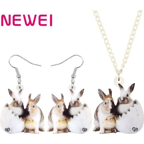 Newei Acrylic Easter Double Hare Bunny Rabbit Jewelry Sets Lovely Animal Earrings Necklace For Women Kid Festival Gift Accessory