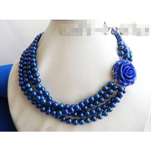 Women Gift word Love 4Strands 18'' 7mm Blue Round Freshwater Pearl Necklace natural Genuine freshwater