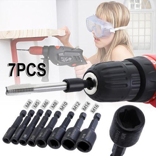 7pcs/set Screw Tap Socket Adapter 1/4" Hex Shank Square Driver Thread Tap Adapter For M4 M5 M6 M8 M10 M12 M14 Machine Tap
