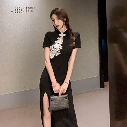 Women Dress Cheongsam Chinese Style Slim Elegant Dress Vintage Summer Ladies Clothing Wrap Hip Split Qipao Party Night Dress2021
