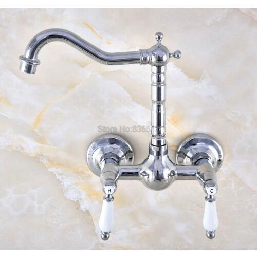 Basin Faucets Wall Mounted Kitchen Bathroom Sink Faucet Dual Handle Swivel Spout Hot Cold Water Mixer Tap tnf575