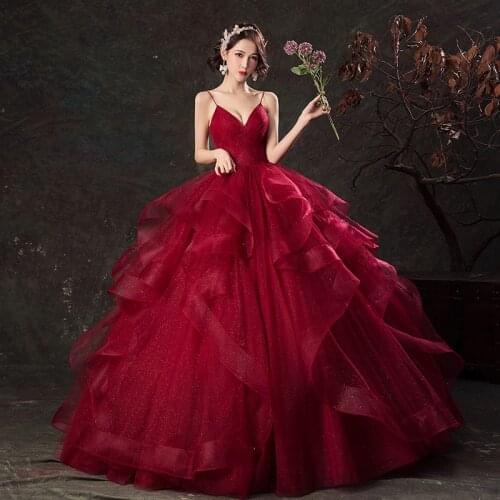 Wine red Quinceanera Dresses 2021 Luxury Party Prom V-neck Floor-length Ball Gown Elegant Spaghetti Strap Vintage Vestidos