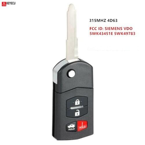 Keyecu Replacement Upgraded Flip Remote Key Fob 4 Button 315MHz 4D63 for Mazda 6 2009-2010 SIEMENS VDO 5WK43451E 5WK49783