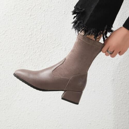 New Women Shoes High Heels Slip ankle boots winter Stretch socks boots elegant Square high heels shoes female Plus size 32- 43