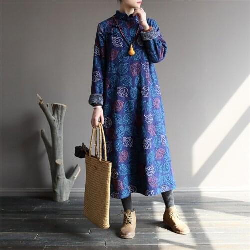 Johnature Chinese Style Thick Robes Cotton Linen Print Floral Dress Women Winter Cloths Stand Long Sleeve Warm Vintage Dresses