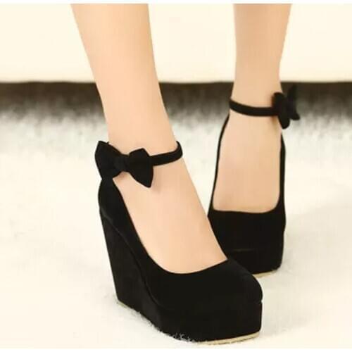 2020 Women High Heels Shoes Plus Size Platform Wedges Female Pumps Elegant Flock Buckle Bowtie Ankle Strap Party Wedding Shoes