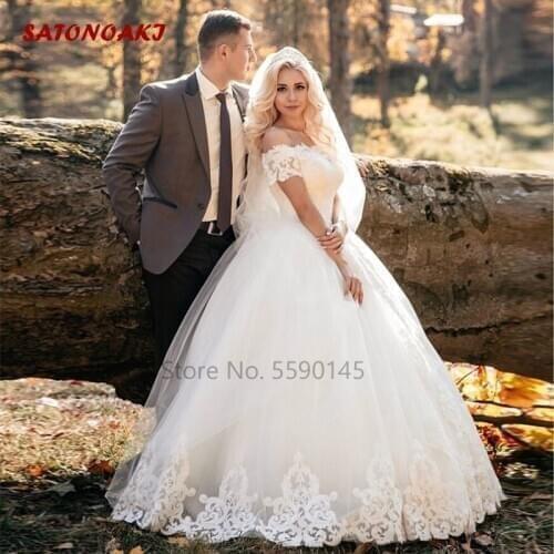 Off The Shoulder Vintage Tulle Wedding Dress Short Sleeve White Ivory Satin Bridal Gowns Vestido De Novia 2020 Mariage Undefined