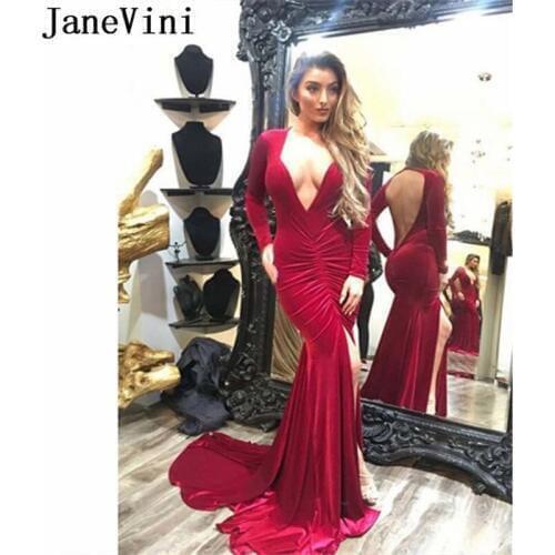 JaneVini Sexy High Split Bridesmaid Dress Burgundy Long Sleeve Backless Formal Gowns Mermaid Velvet Deep V-Neck Women Party Wear