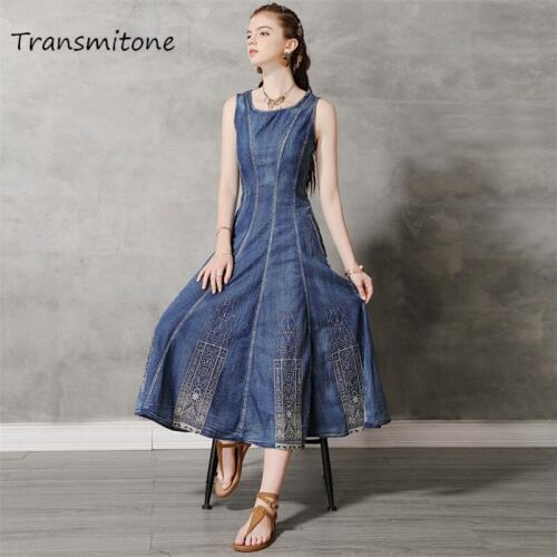 Vintage Summer Cotton Dress 2019 Womens Denim Dresses Sundress Embroidery O-Neck Vestido Sleeveless Women Tank Dress KE301