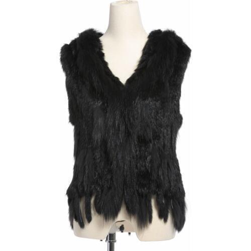 ZY88008 Hot Sale Real Knitting Women Winter Rabbit Fur with Tassels Raccoon Fur Trimming Collar Hooded Fur Vest Waistcoat Gilet