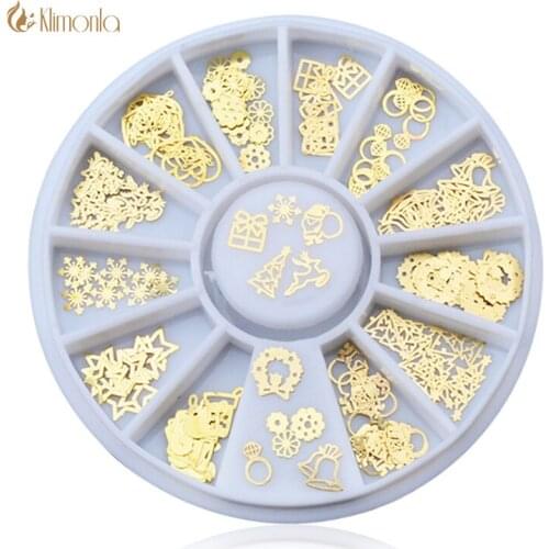 1pcs Christmas Nail Ornaments Golden Openwork Snowflakes Bells Christmas Tree Accessories in wheel Nail Art Decoration DIY