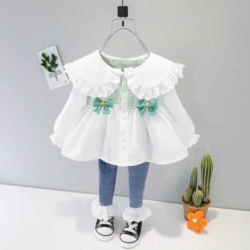Spring Baby Girls Clothing Sets Long Sleeve Lapel Collar Plaid Bow Blouse Tops + Denim Jeans Trousers Children Kids 2Pcs Suits